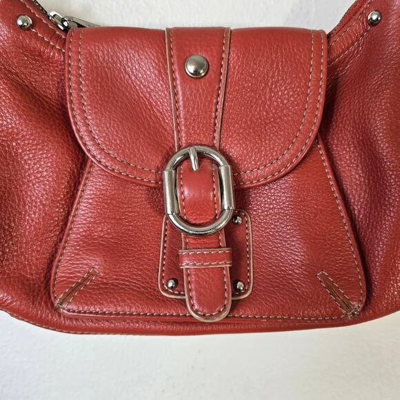 B Makowsky Shoulder Bag Rust Orange Pebbled Leather Silver Leopard Lining READ - Picture 3 of 16